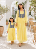 Mom & Daughter Matching Pastel Yellow Corset Maxi Dress Set with Denim Bodice for stylish mother-daughter outings