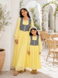 Mom & Daughter Matching Pastel Yellow Corset Maxi Dress Set with Denim Bodice, perfect for stylish outings