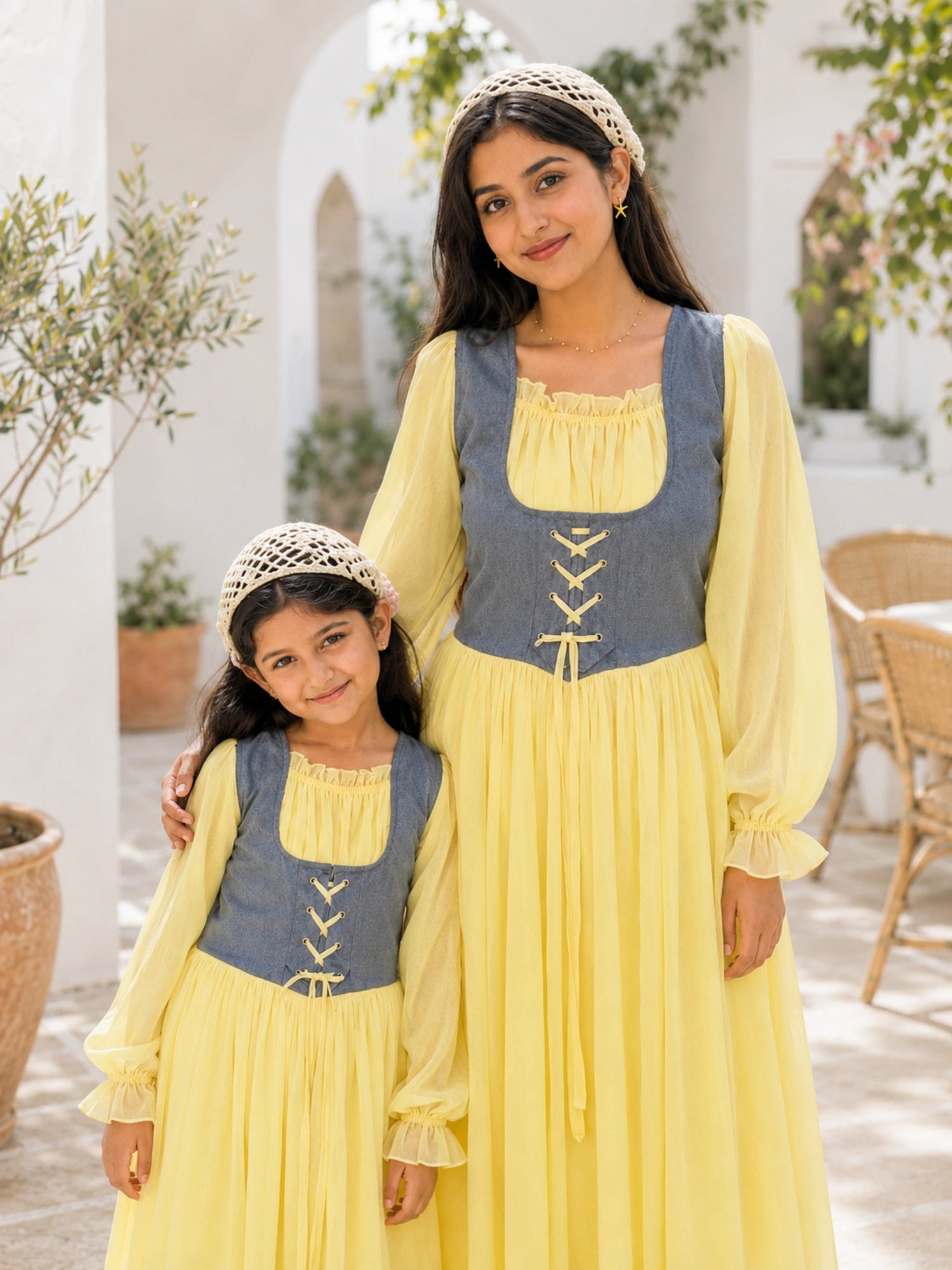 Mom & Daughter Matching Pastel Yellow Corset Maxi Dress Set with Denim Bodice showcasing a stylish design