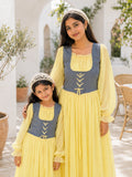 Mom & Daughter Matching Pastel Yellow Corset Maxi Dress Set with Denim Bodice showcasing a stylish design
