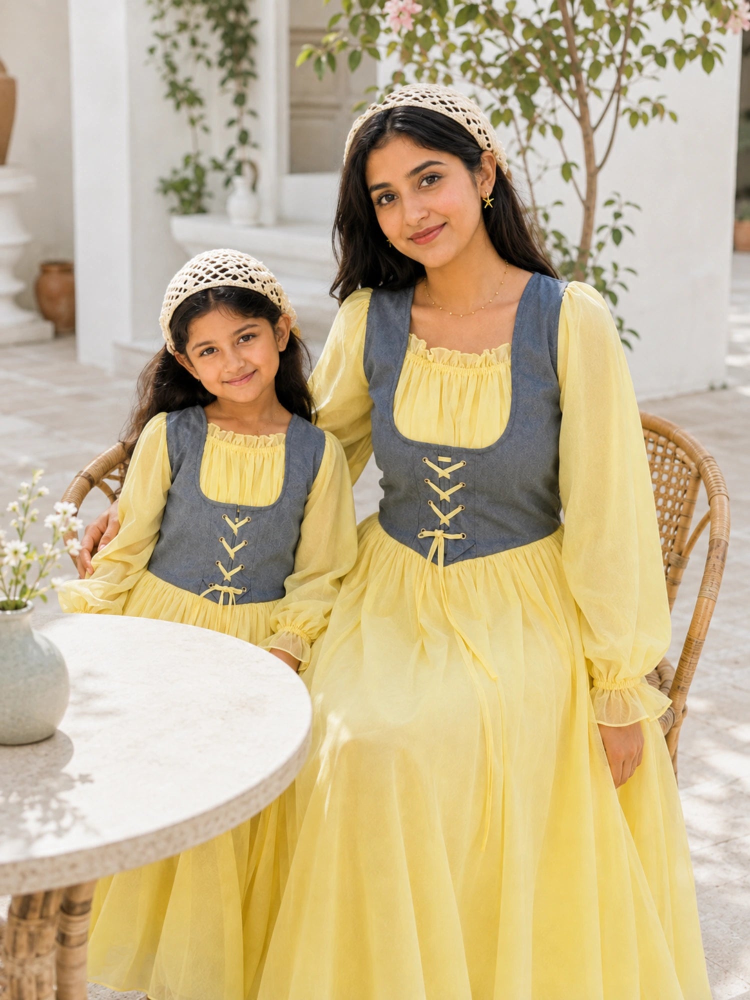 Mom & Daughter Matching Pastel Yellow Corset Maxi Dress Set with Denim Bodice, perfect for special occasions