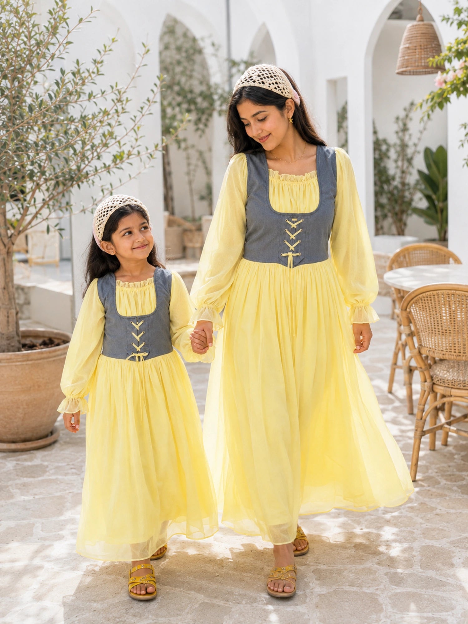 Mom & Daughter Matching Pastel Yellow Corset Maxi Dress Set with Denim Bodice for Special Occasions