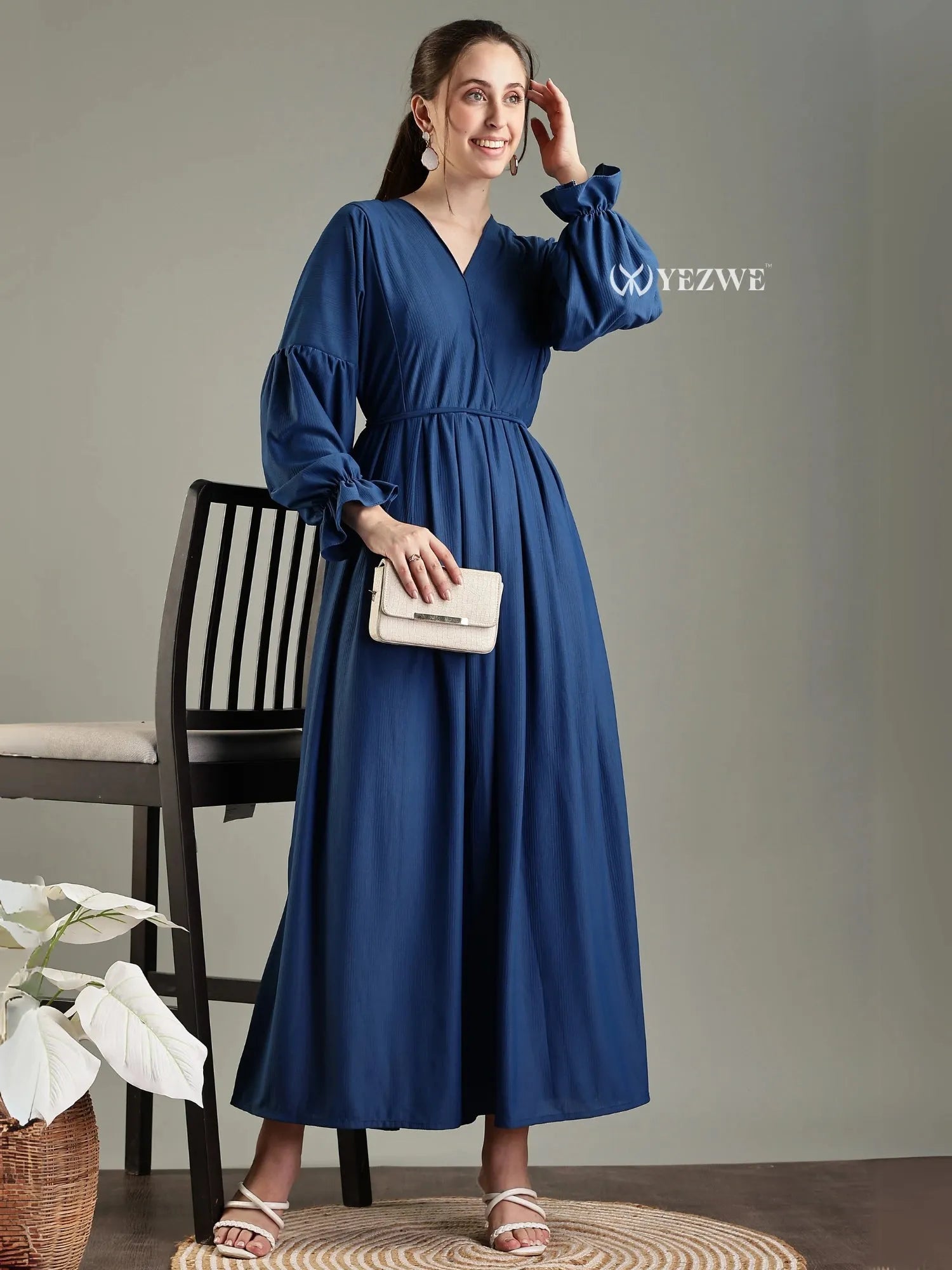 YEZWE navy blue modest maxi dress with long sleeves and a flattering V-neckline