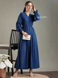 YEZWE navy blue modest maxi dress with long sleeves and a flattering V-neckline