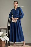 YEZWE navy blue modest maxi dress with long sleeves and a flattering V-neck design