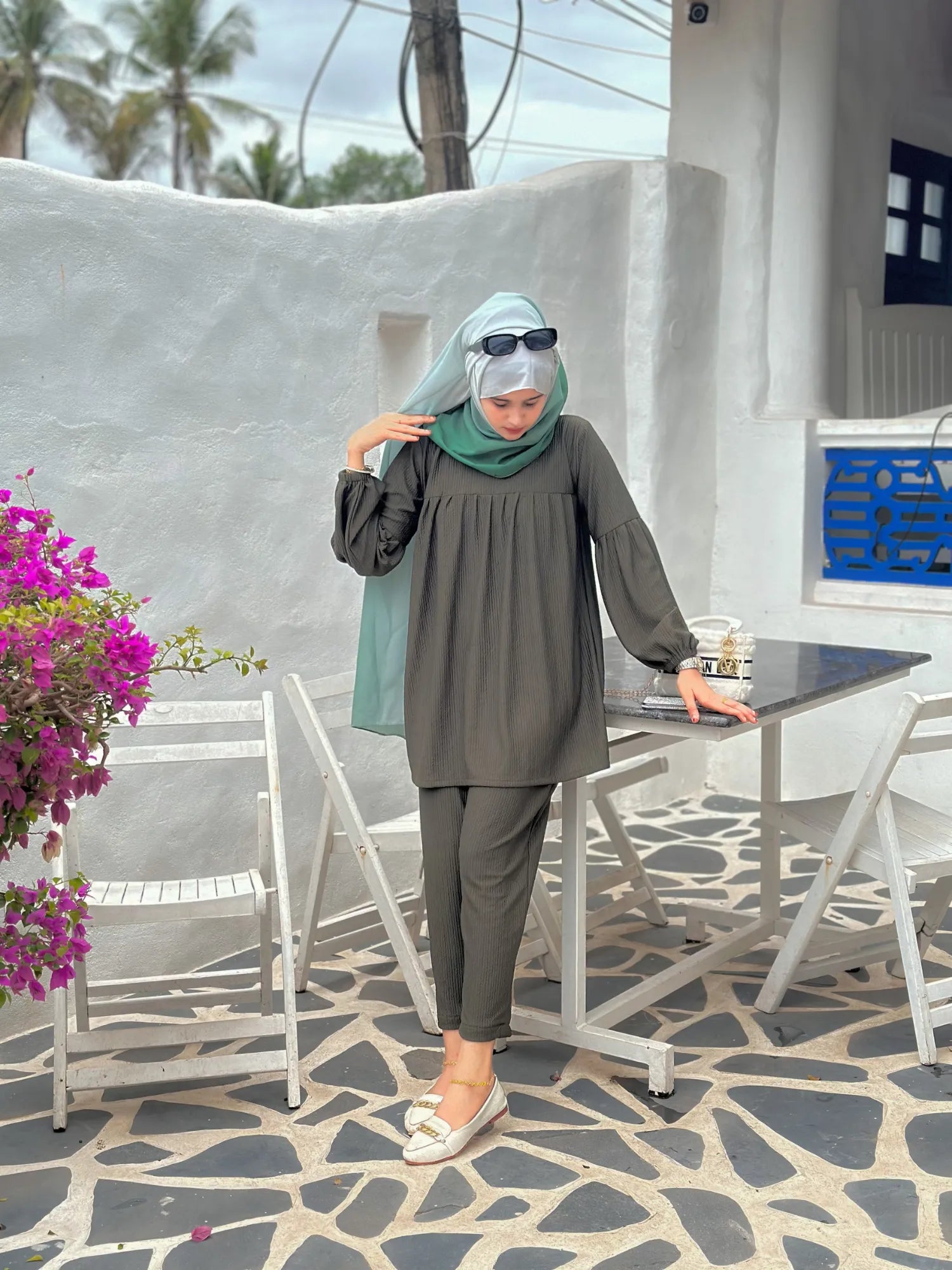 Yezwe Co-ord Set Olive Green Top and Pant - Full Sleeve Modest & Western Wear