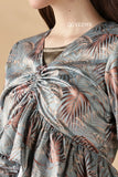 YEZWE olive satin gown modest wear gown featuring a tropical leaf print and elegant ruching detail