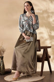 YEZWE Olive Satin Gown Modest Wear Gown with Elegant Top and Flowing Skirt for Stylish Occasions