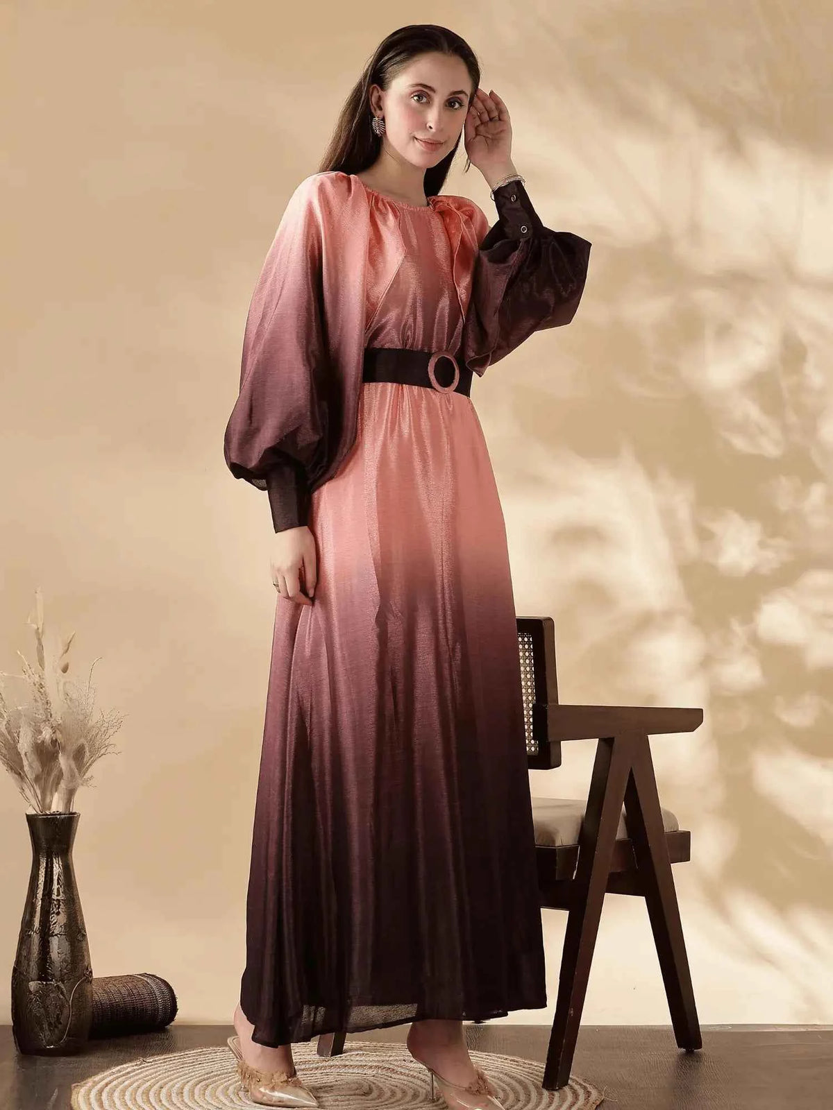 YEZWE Ombre Maxi Dress in pink and purple with long sleeves and a stylish belt for a chic look