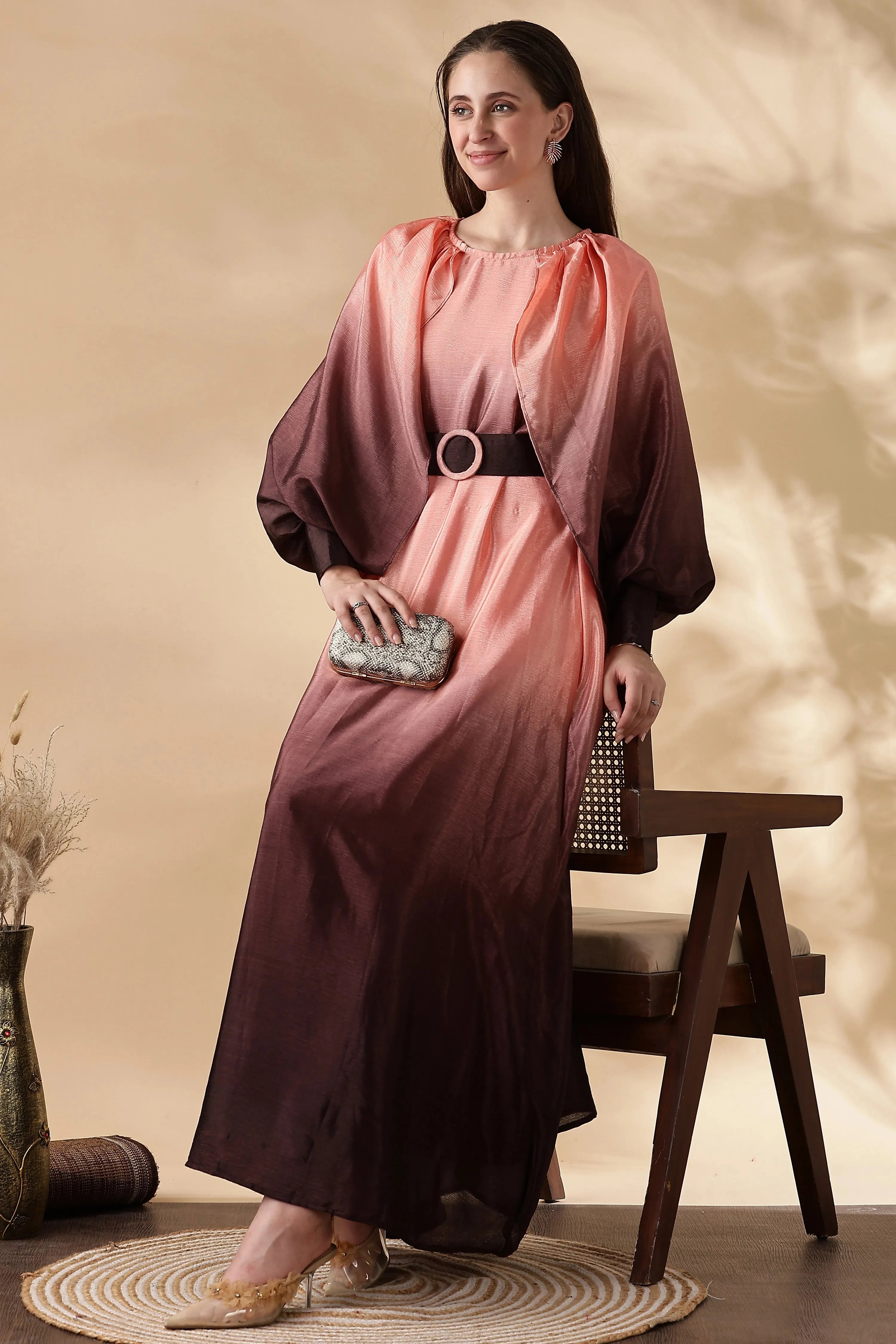 YEZWE Ombre Maxi Dress with Belt in Shades of Pink and Brown, Perfect for Casual or Formal Events