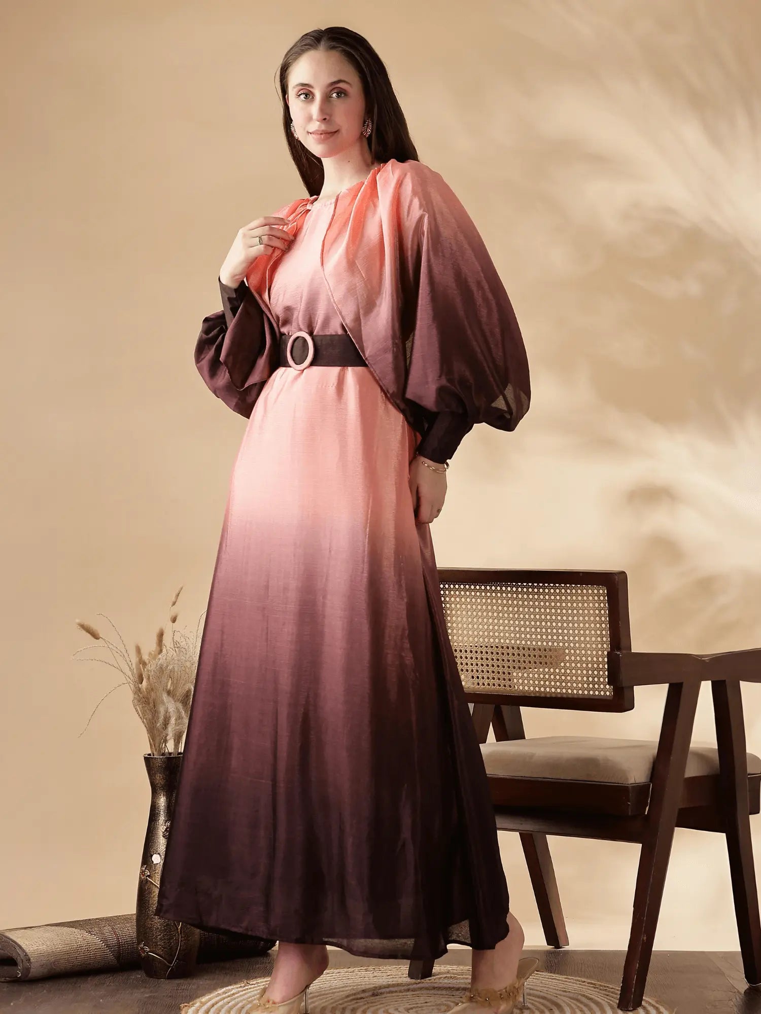 YEZWE Ombre Maxi Dress with Belt featuring a gradient design and elegant puff sleeves