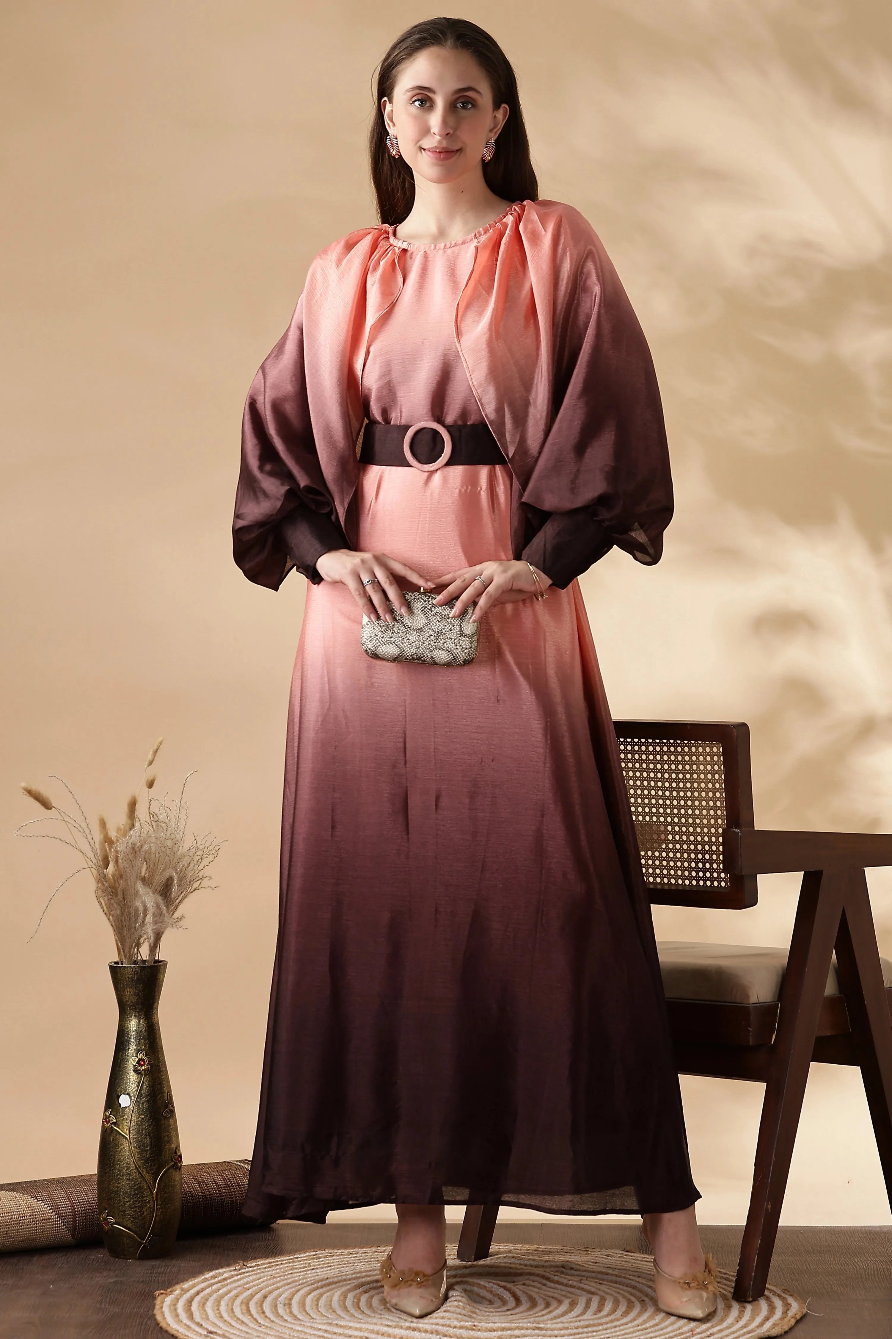 YEZWE Ombre Maxi Dress with Belt featuring elegant puff sleeves and a stylish gradient design