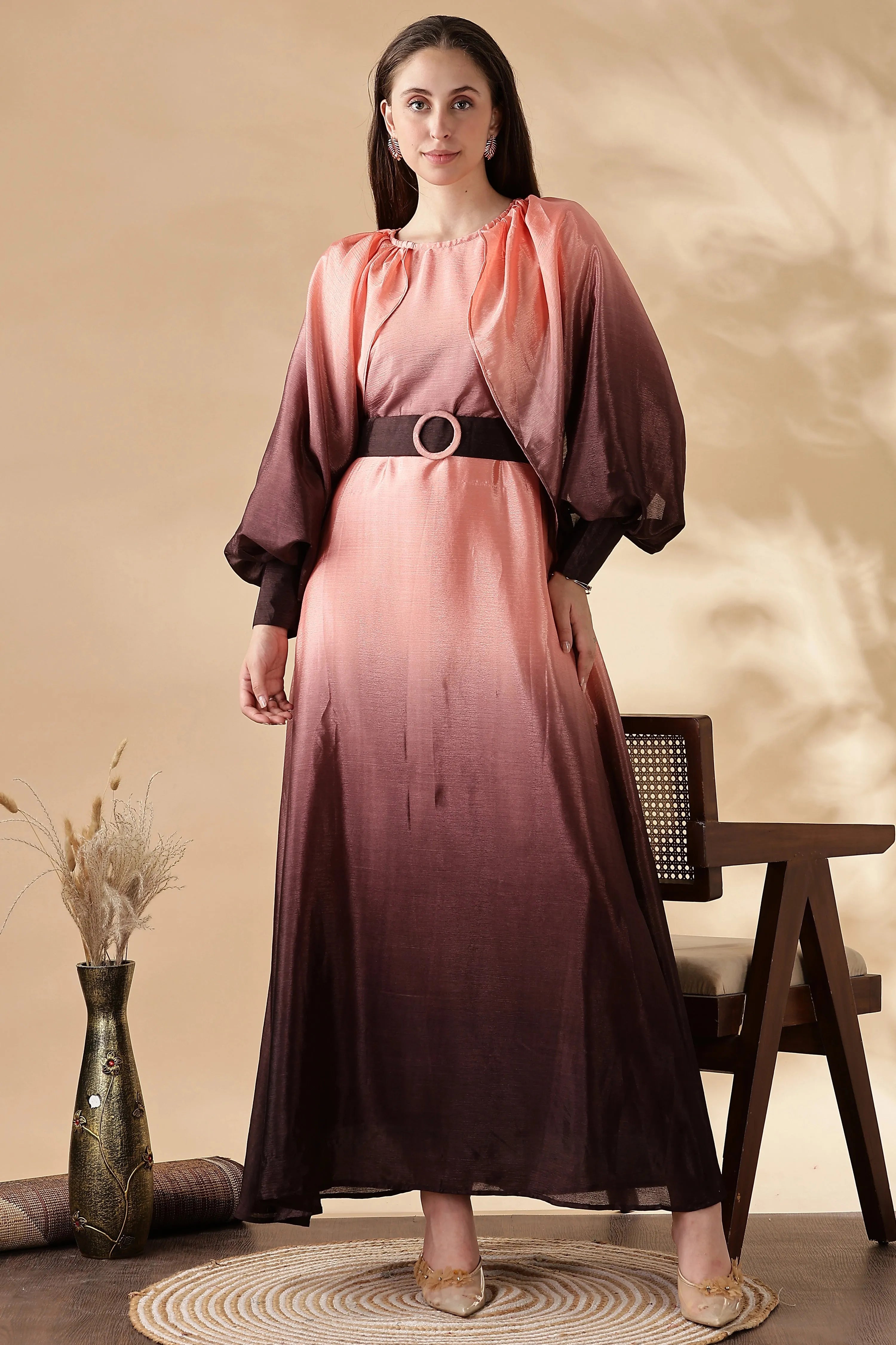 YEZWE Ombre Maxi Dress with Belt in shades of pink and brown perfect for summer events