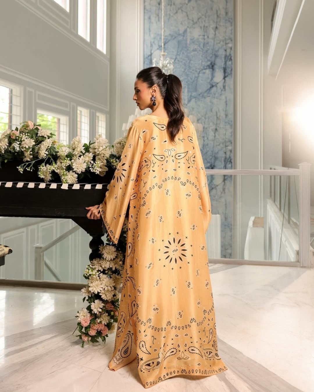 Elegant back view of the Orange & Sky Blue Kaftan Dress – Cotton Satin Blend with floral patterns