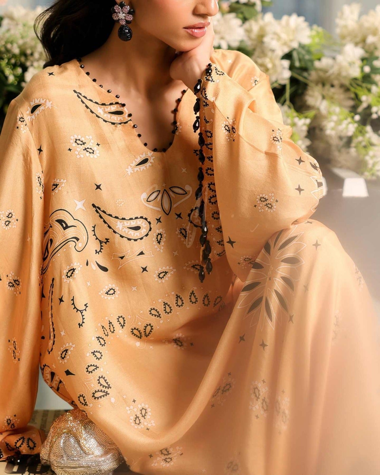 Orange & Sky Blue Kaftan Dress – Cotton Satin Blend featuring elegant patterns and a relaxed fit