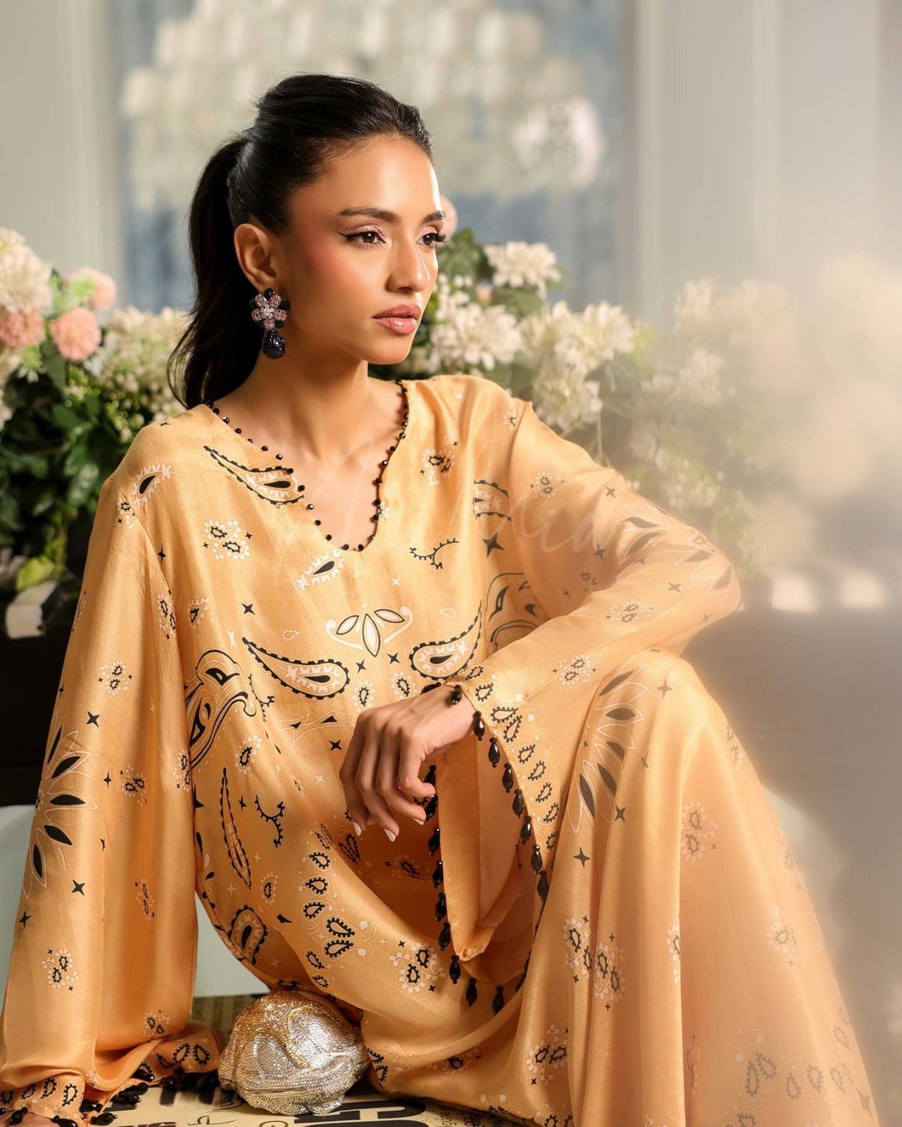 Elegant Orange & Sky Blue Kaftan Dress – Cotton Satin Blend with intricate designs for a chic look