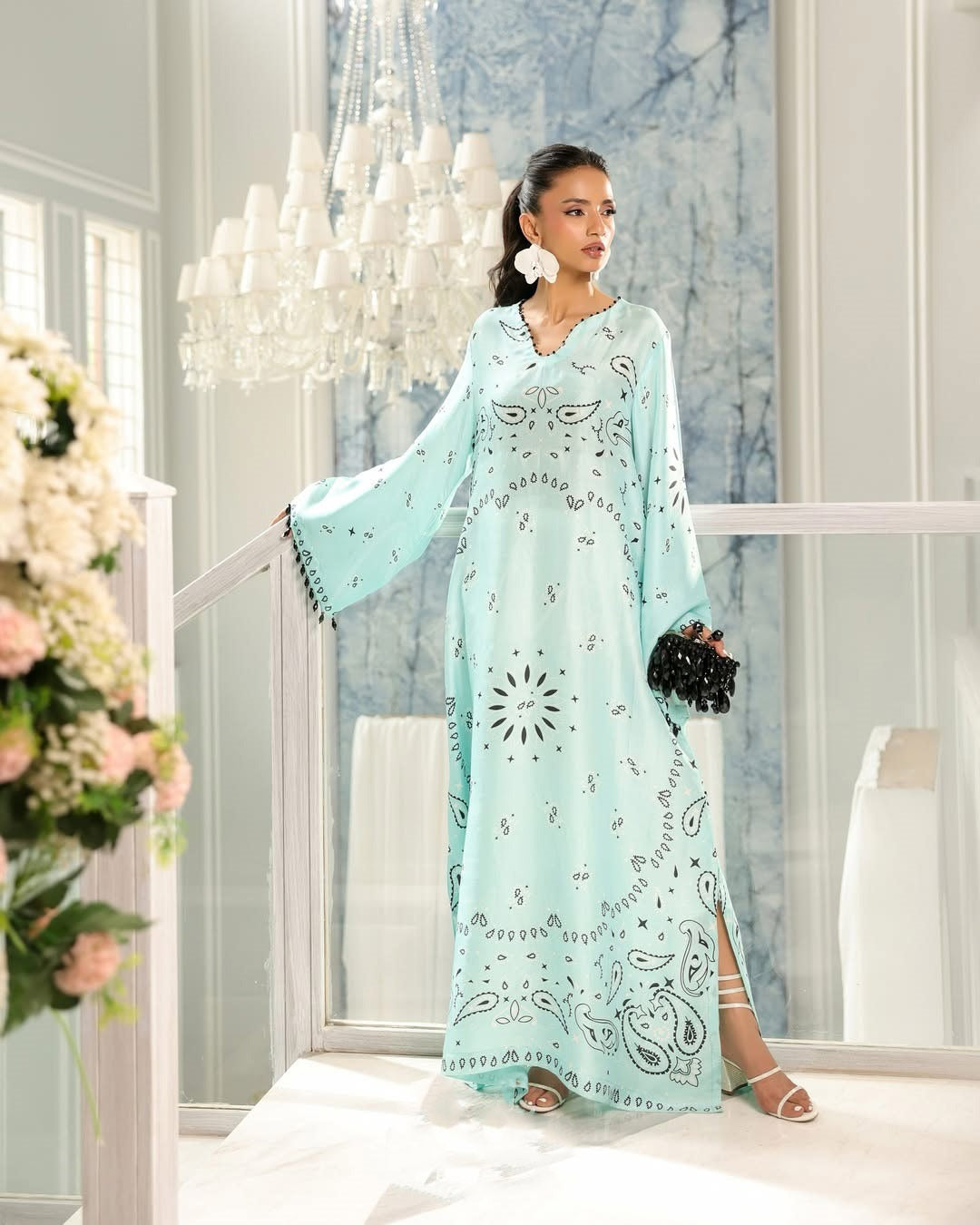 Elegant Orange & Sky Blue Kaftan Dress – Cotton Satin Blend with bell sleeves and intricate design