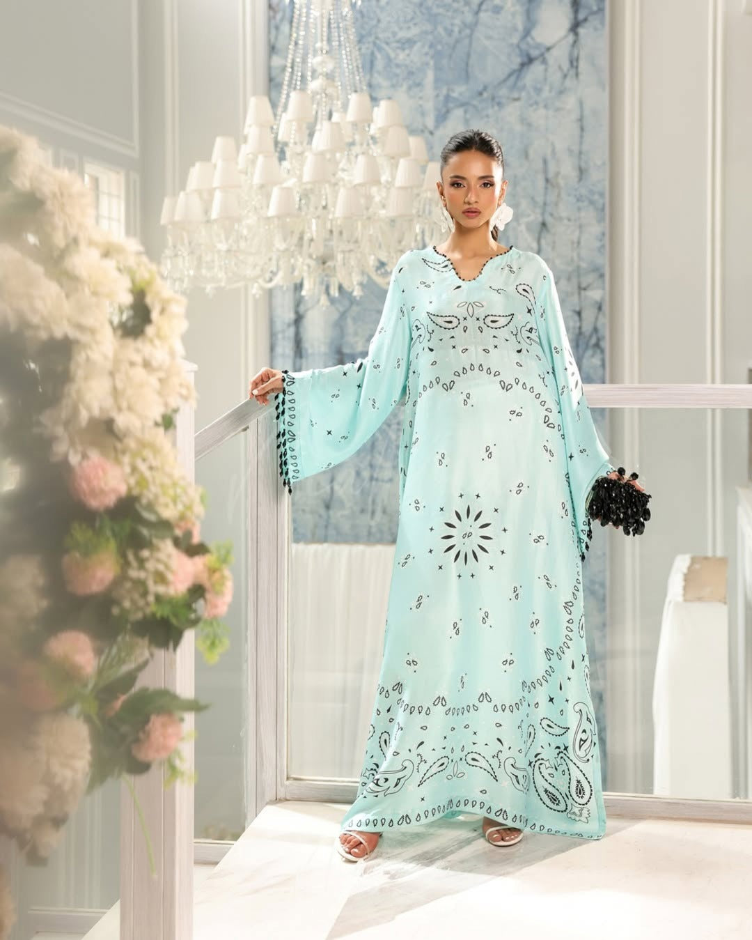 Orange & Sky Blue Kaftan Dress – Cotton Satin Blend with Elegant Patterns and Flowy Sleeves