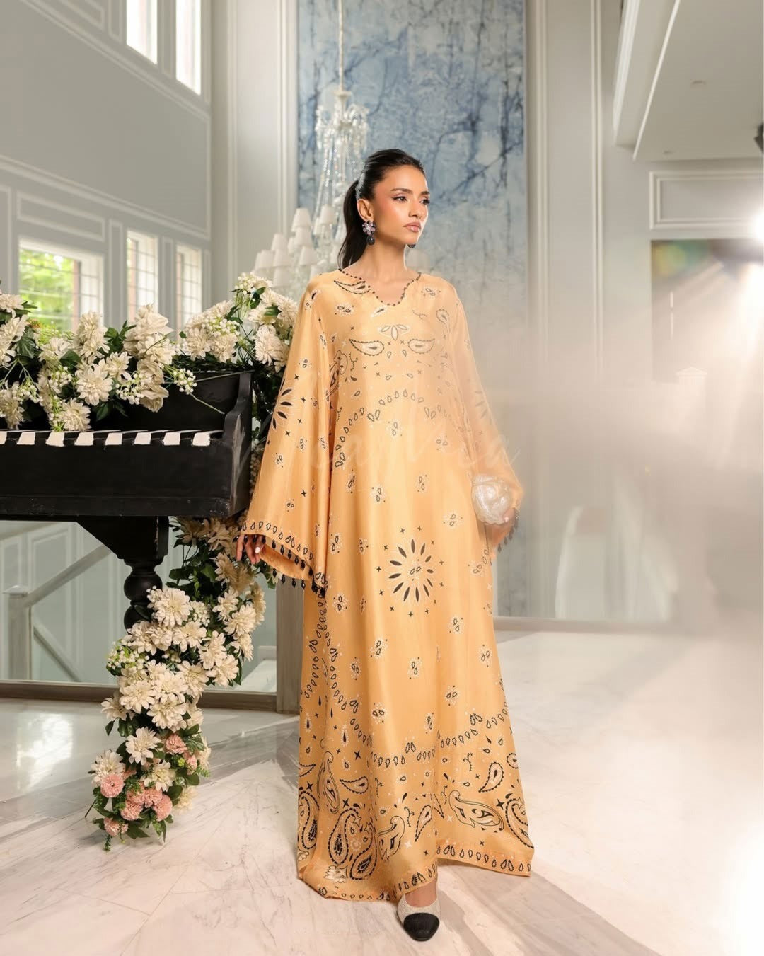 Elegant Orange & Sky Blue Kaftan Dress – Cotton Satin Blend with detailed patterns and flowing design