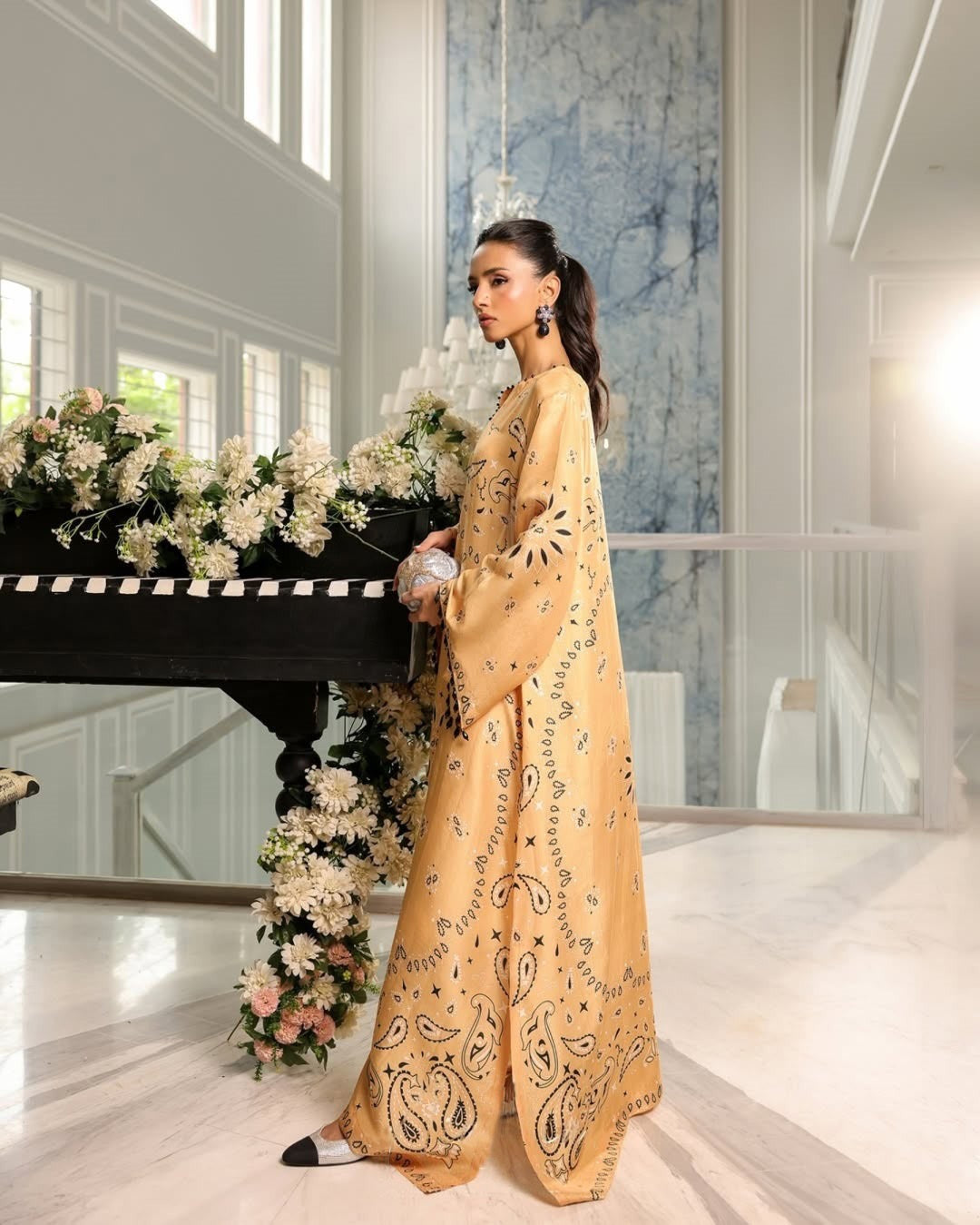 Elegant Orange & Sky Blue Kaftan Dress – Cotton Satin Blend displayed in a stylish indoor setting