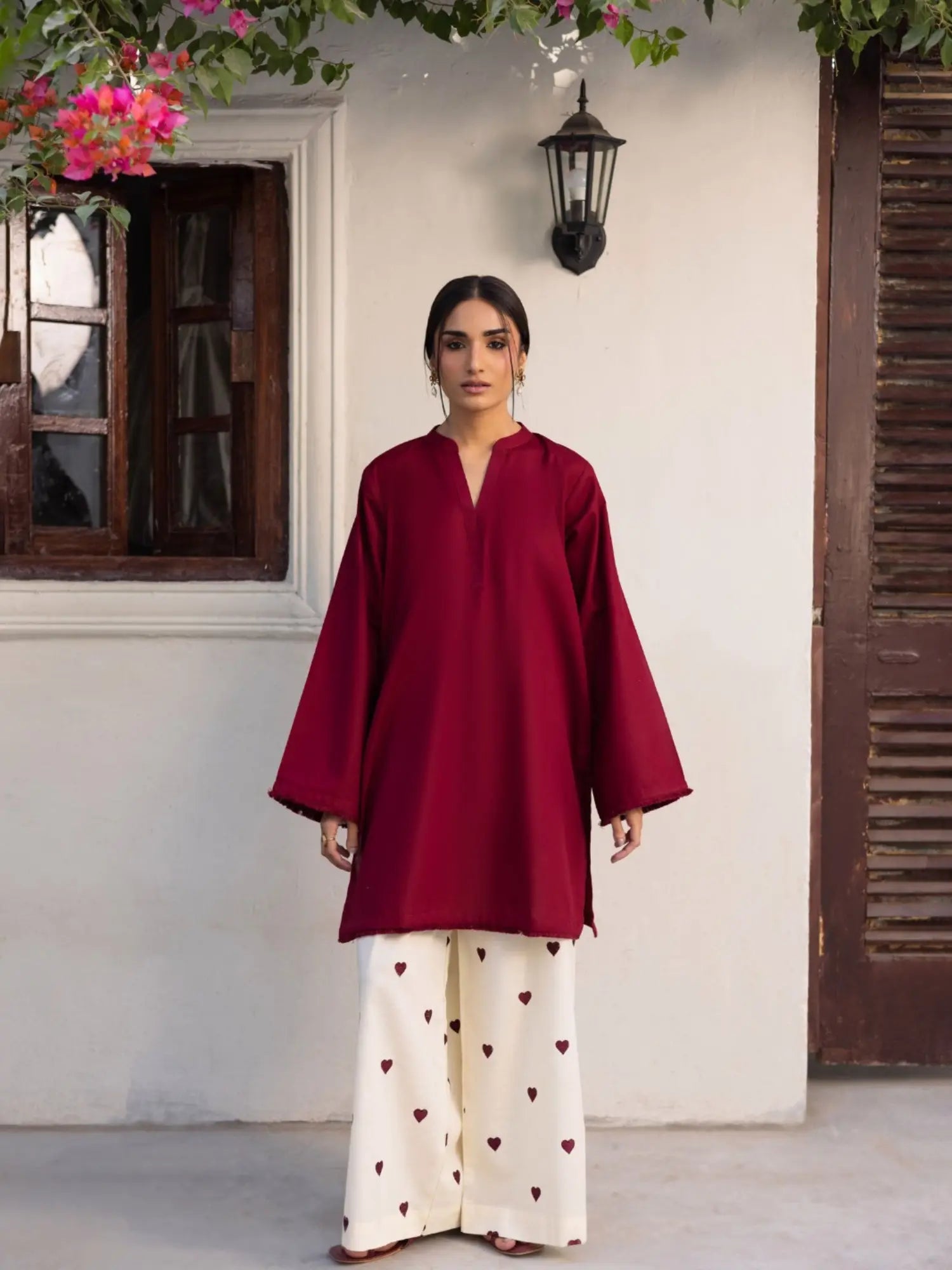 Organic Cotton Summer Deep wine Co-Ord Set with Embroidered Pants featuring a stylish tunic and heart-printed bottoms