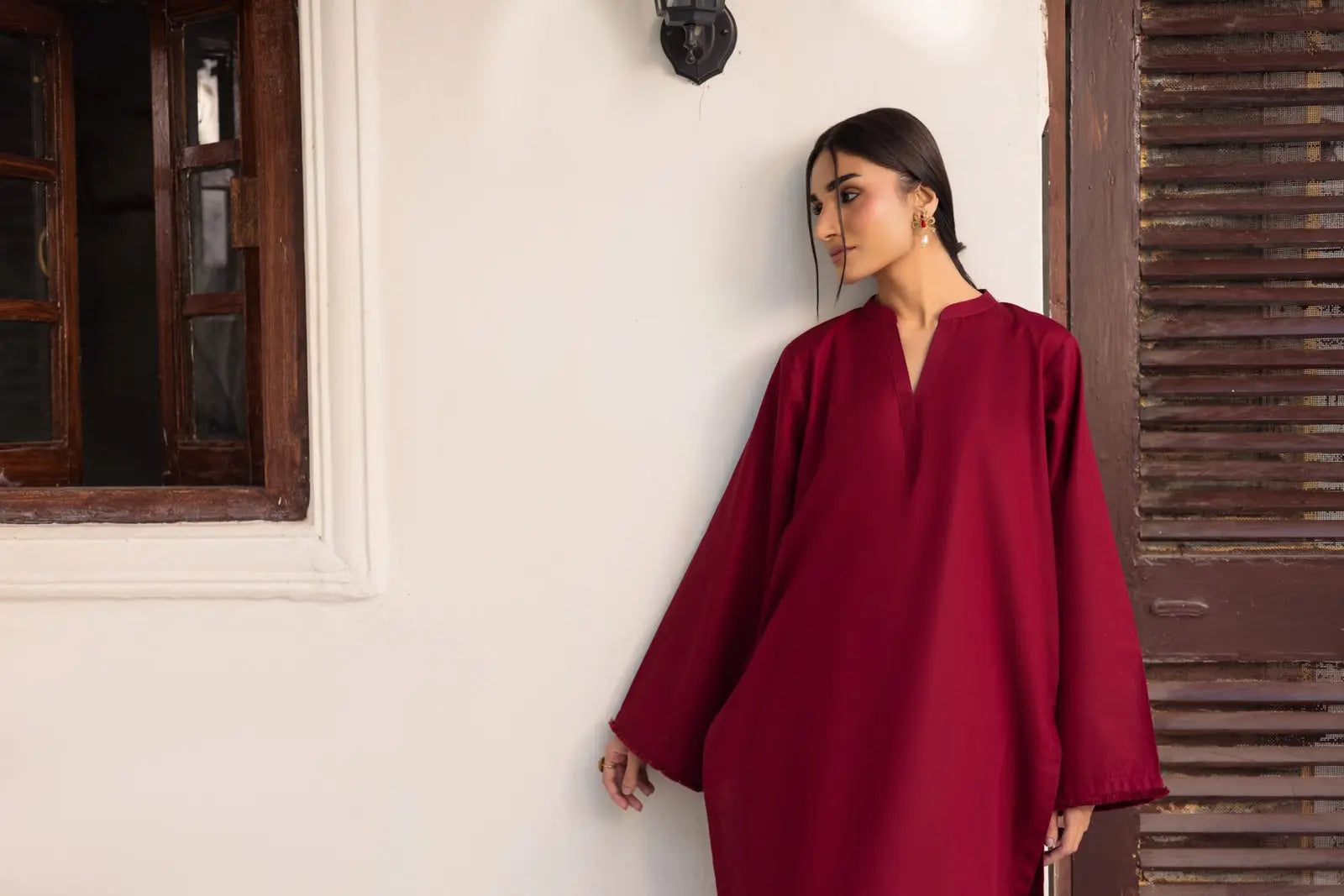 Organic Cotton Summer Deep wine Co-Ord Set with Embroidered Pants displayed on a model in a traditional setting