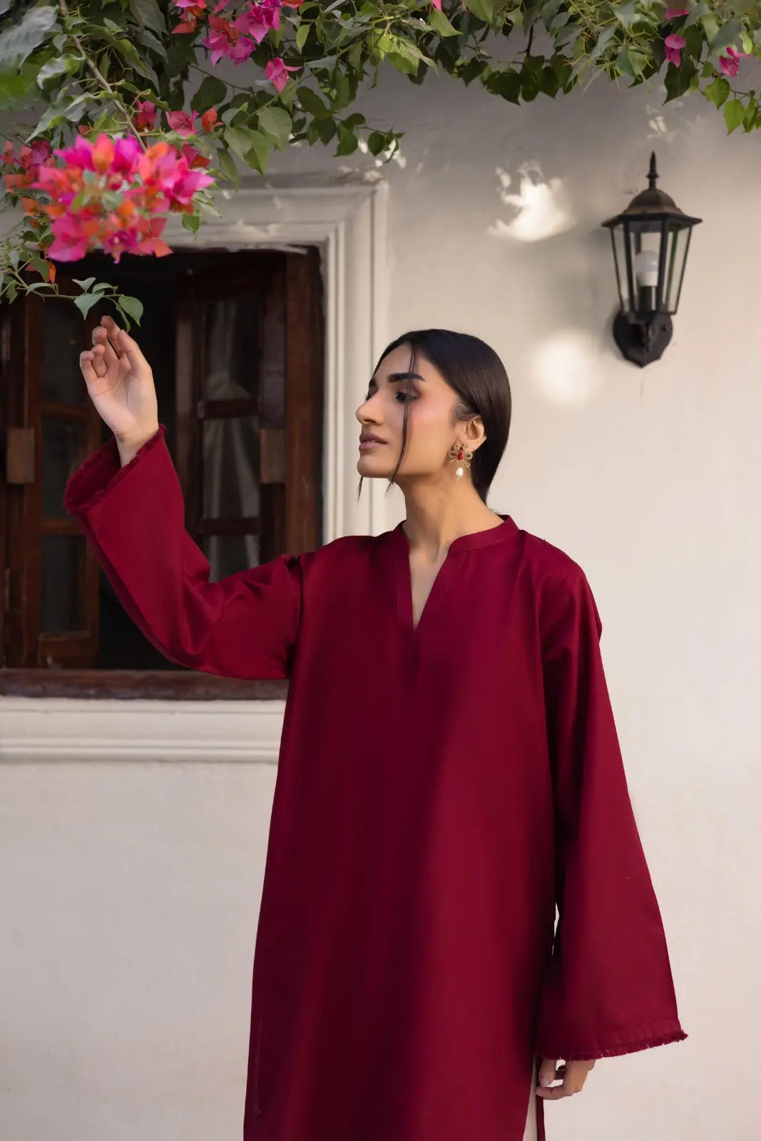 Organic Cotton Summer Deep wine Co-Ord Set with Embroidered Pants, showcasing a model in a stylish setting