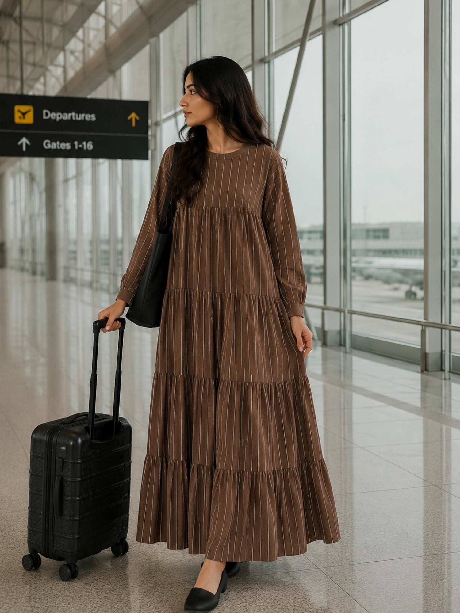 Oversized Striped Tiered Maxi Dress for Women | Loose Flared Modest Dress worn by a woman at the airport