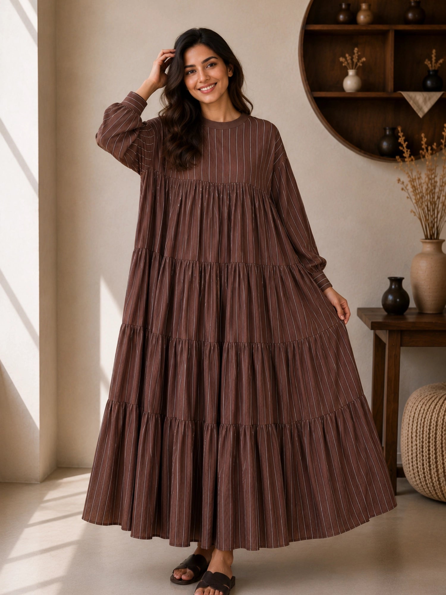 YEZWE Oversized Striped Tiered Maxi Dress for Women, Loose Flared Modest Dress in Brown with Long Sleeves