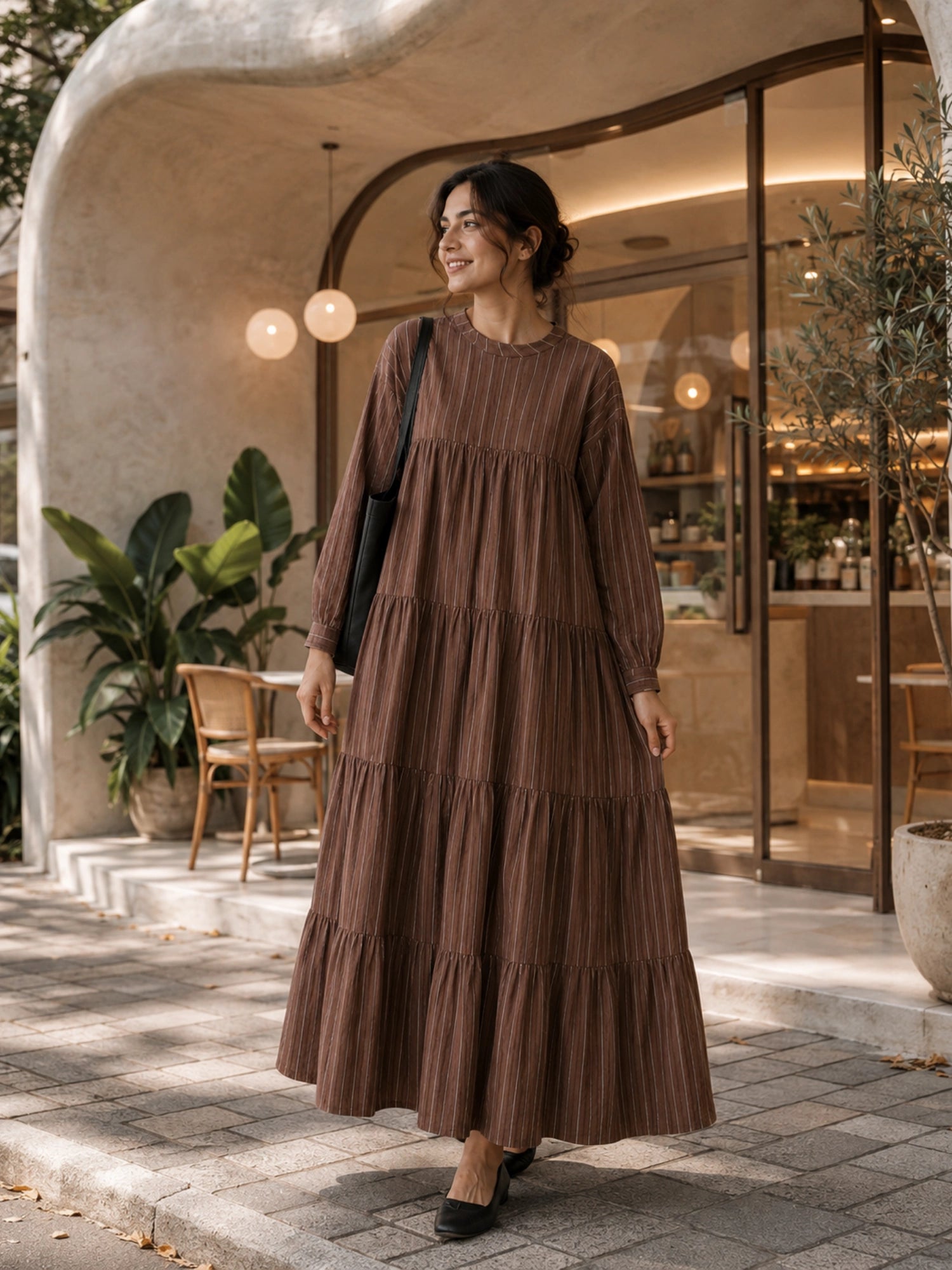 YEZWE Oversized Striped Tiered Maxi Dress for Women with Loose Flared Modest Design in Brown
