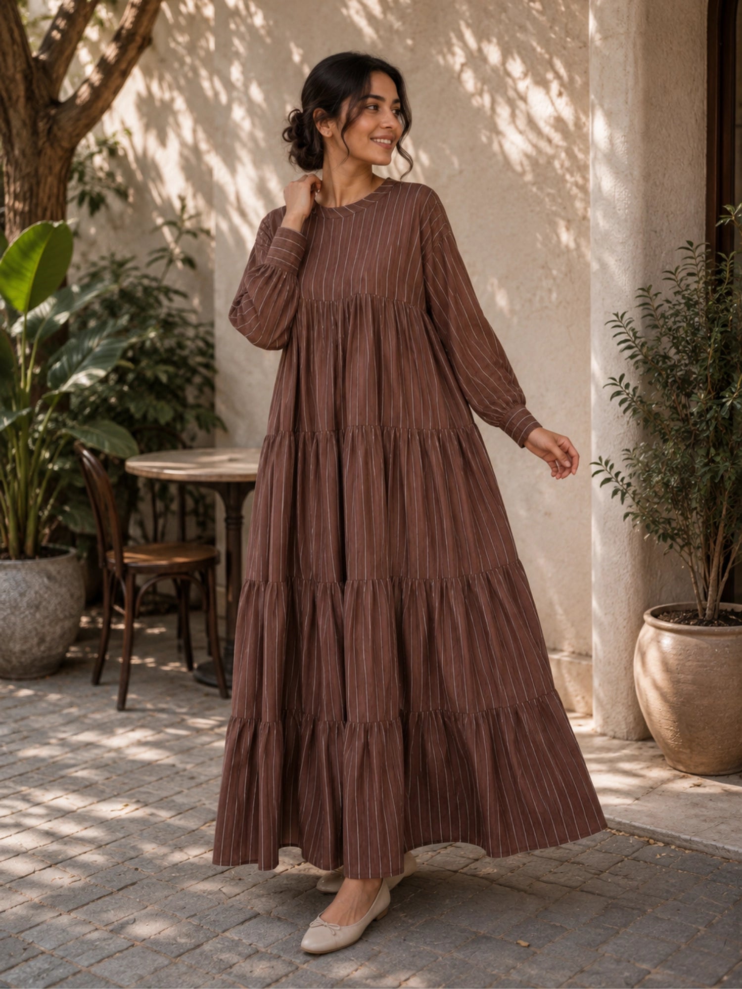 Oversized Striped Tiered Maxi Dress for Women | Loose Flared Modest Dress in brown with tiered design