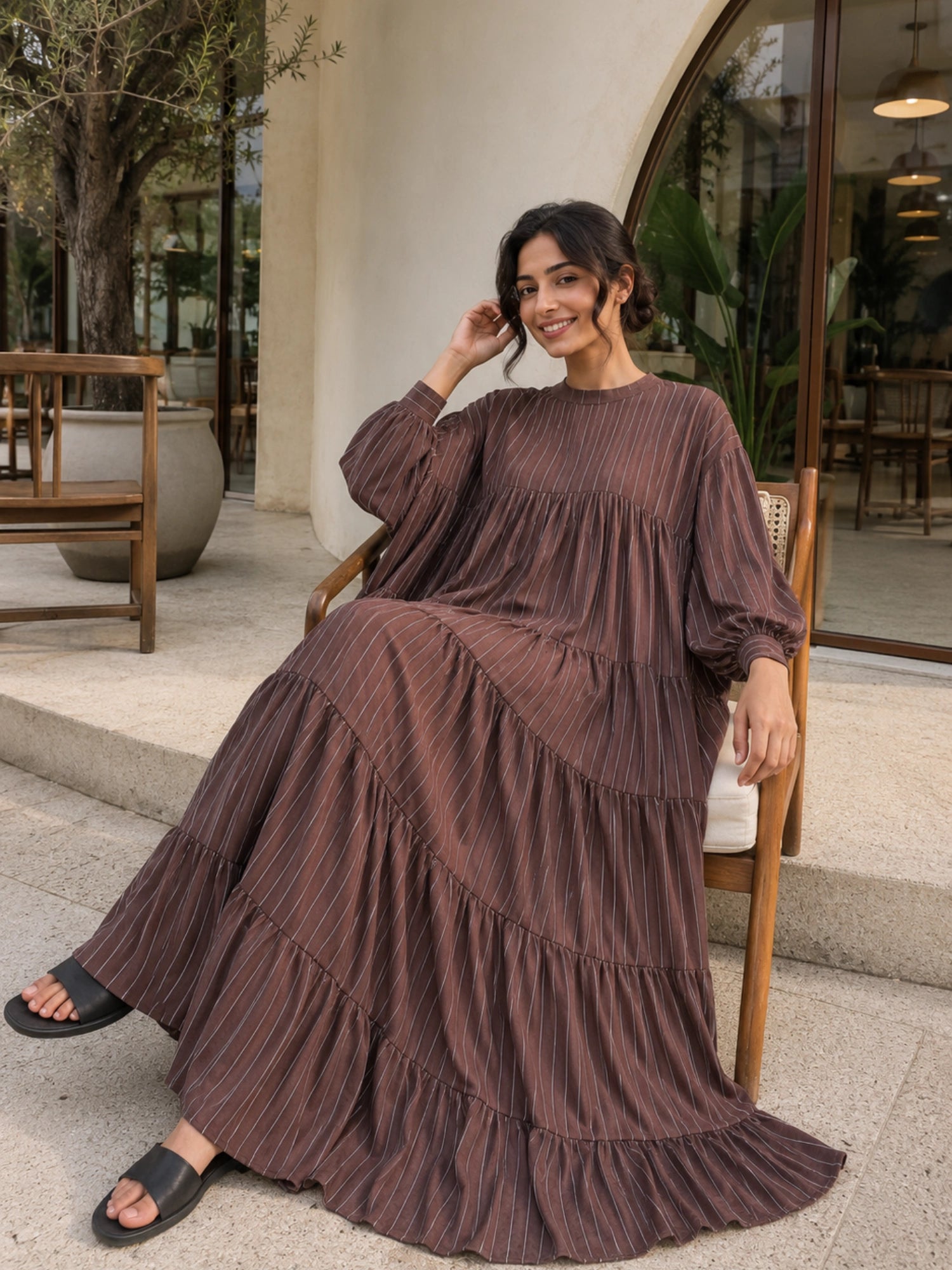 Oversized Striped Tiered Maxi Dress for Women | Loose Flared Modest Dress shown on a model in a relaxed setting