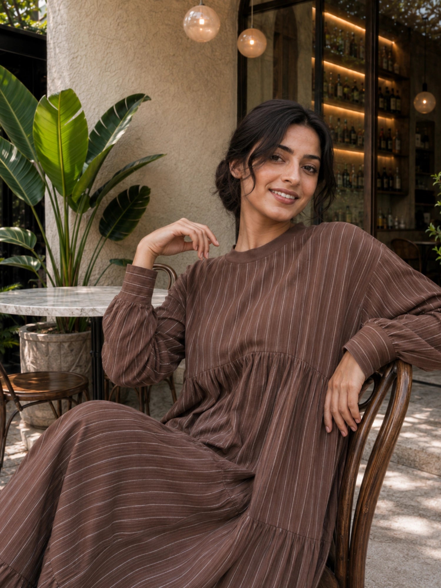 Oversized Striped Tiered Maxi Dress for Women | Loose Flared Modest Dress styled casually outdoors