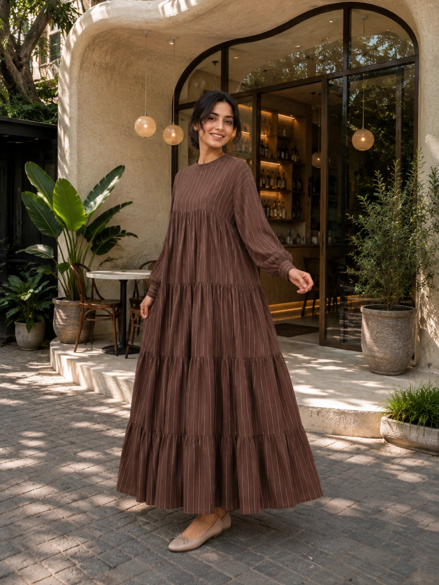 Oversized Striped Tiered Maxi Dress for Women | Loose Flared Modest Dress, ideal for casual outings or gatherings