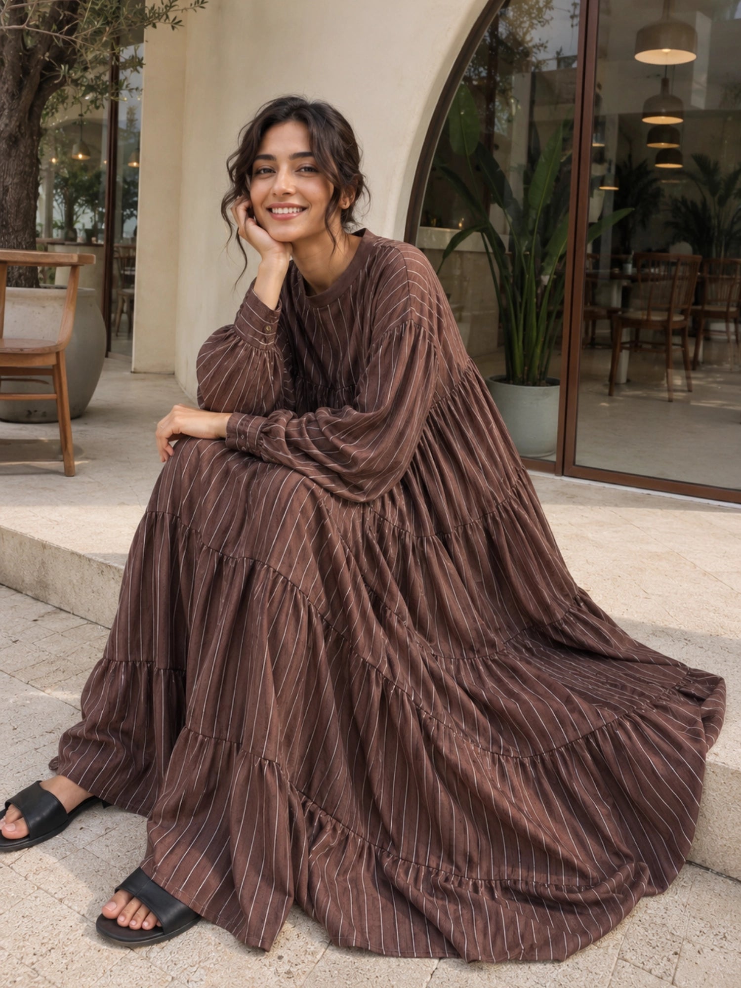 Oversized Striped Tiered Maxi Dress for Women in Brown with Loose Flared Modest Design