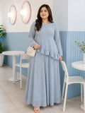 Pastel Blue Faux Georgette Asymmetric Ruffle Co-ord Set with Lace-Up Back & Flowing Design