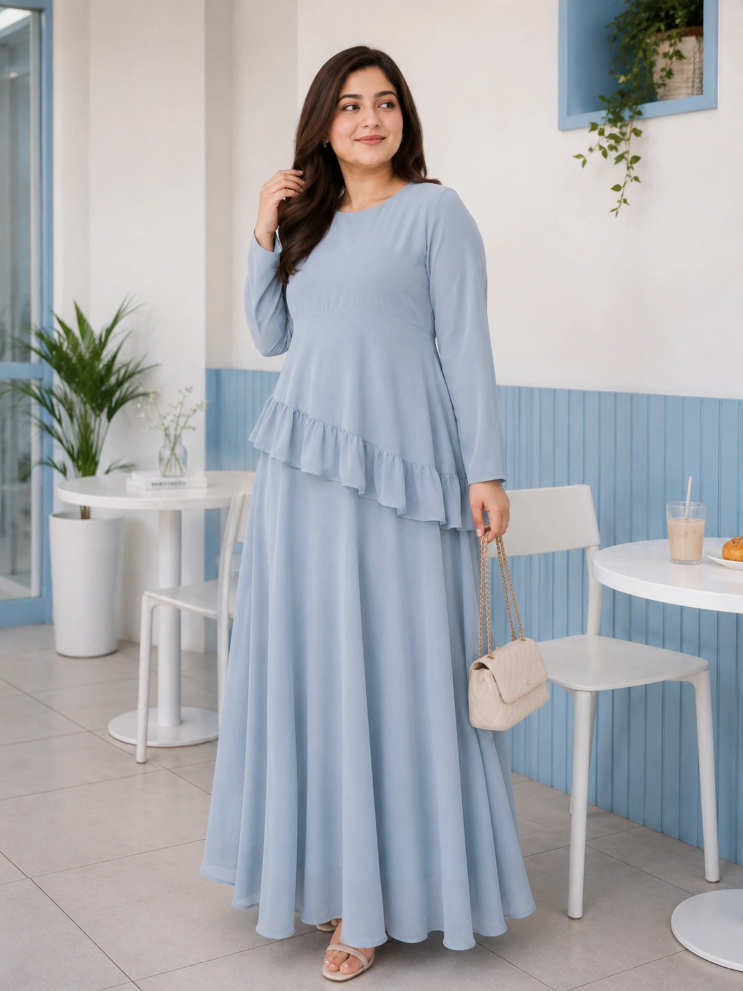 Pastel Blue Faux Georgette Asymmetric Ruffle | Lace-Up Back & Flowing Silhouette for Women by YEZWE