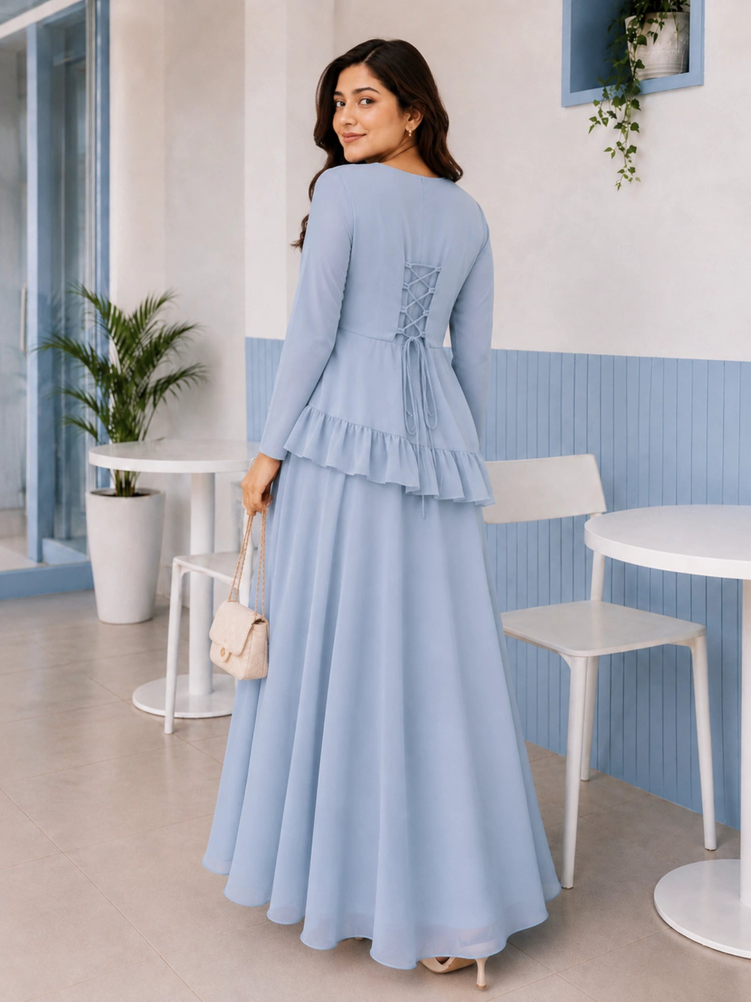 Pastel Blue Faux Georgette Asymmetric Ruffle Co-Ord Set with Lace-Up Back & Flowing Design
