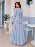 Pastel Blue Faux Georgette Asymmetric Ruffle Co-Ord Set with Lace-Up Back & Flowing Design
