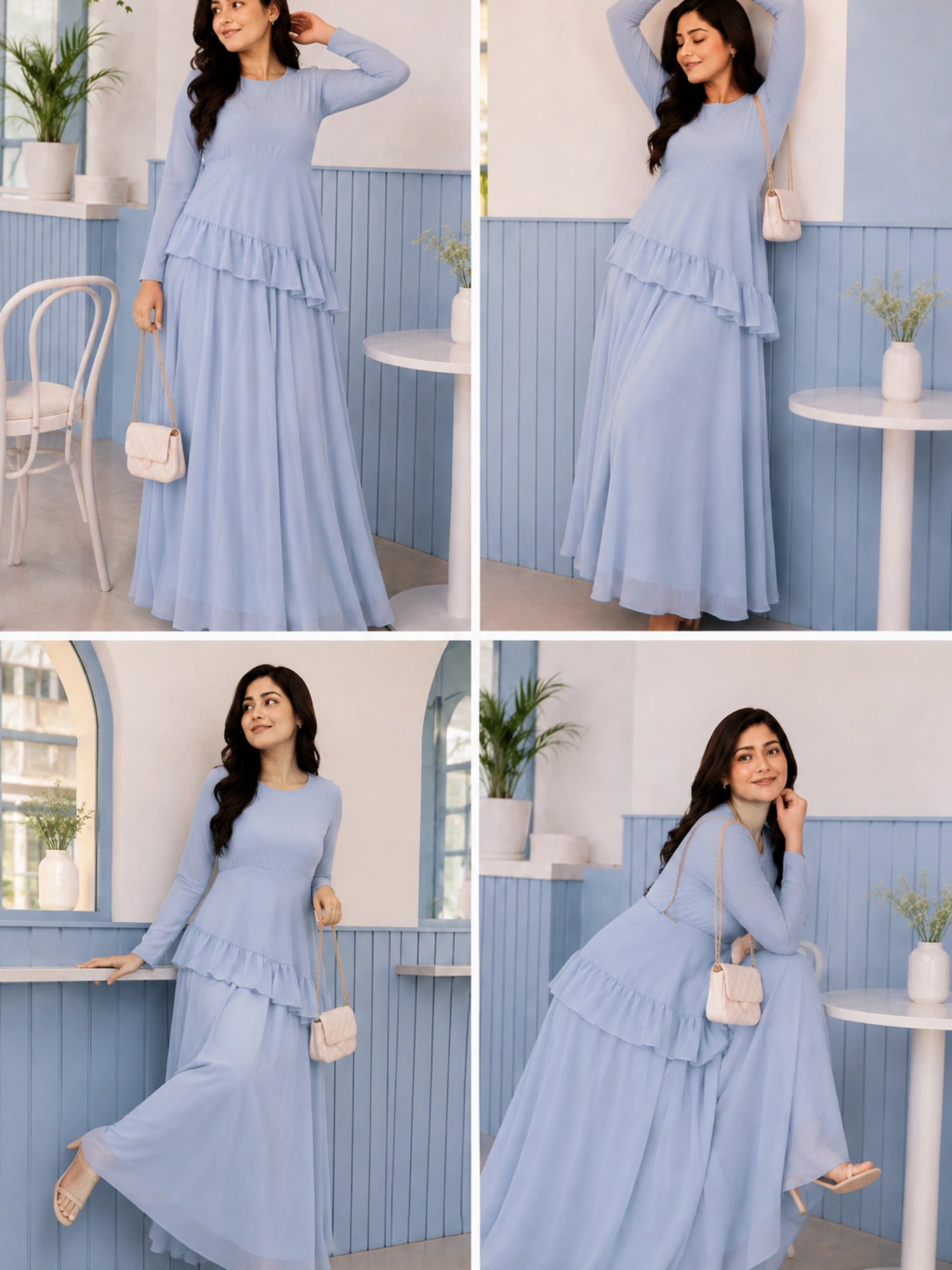 Pastel Blue Faux Georgette Asymmetric Ruffle | Lace-Up Back & Flowing Silhouette for Women in stylish co-ord set