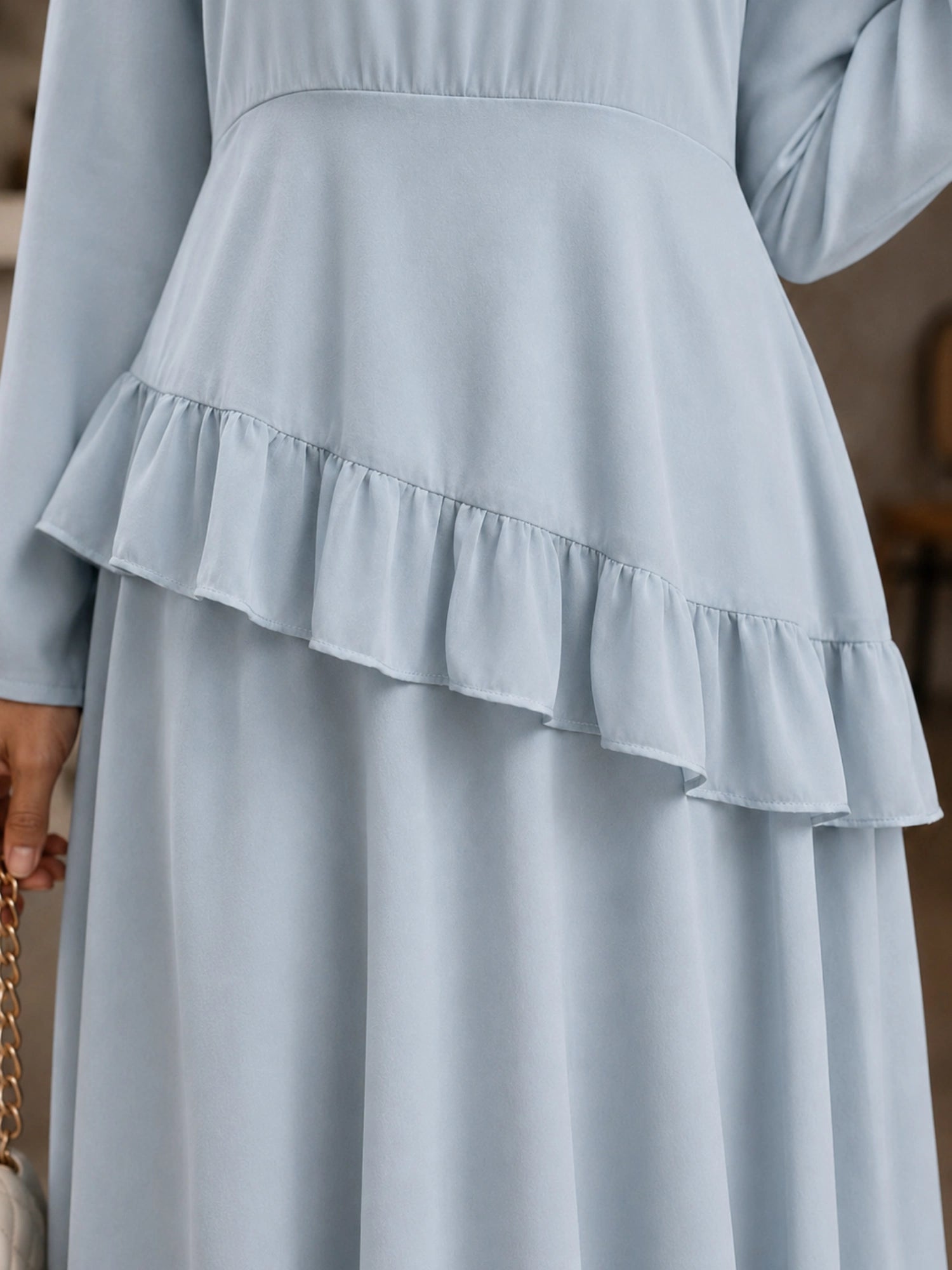 Pastel Blue Faux Georgette Asymmetric Ruffle Co-Ord Set with Lace-Up Back & Flowing Silhouette for Women
