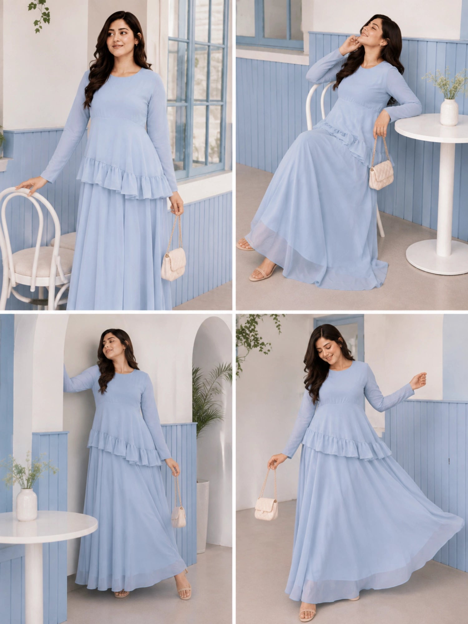 Pastel Blue Faux Georgette Asymmetric Ruffle with Lace-Up Back & Flowing Silhouette for Women by YEZWE
