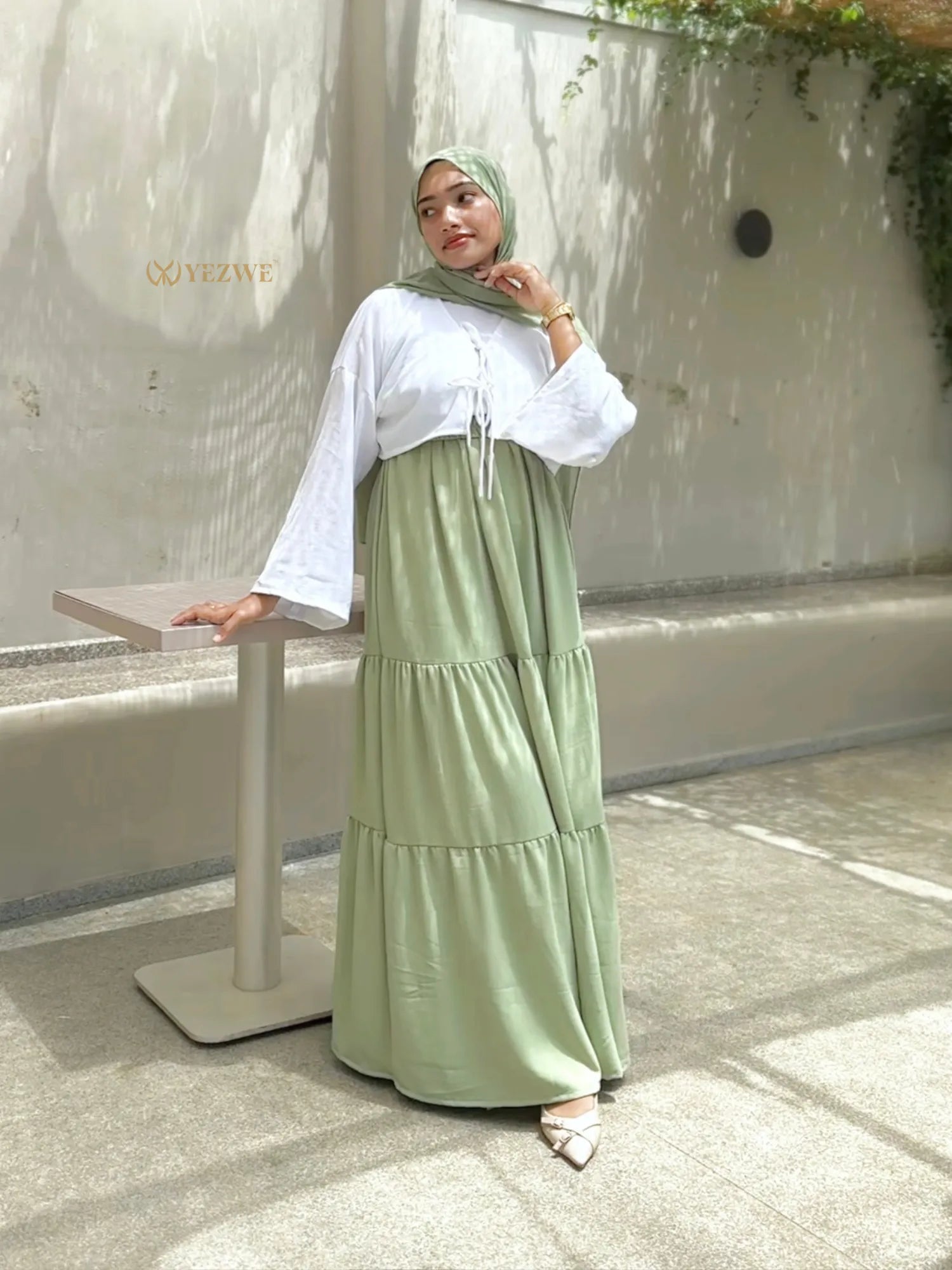 Pastel Green Modest Maxi Dress by YEZWE with a tiered design and long sleeves for a stylish look