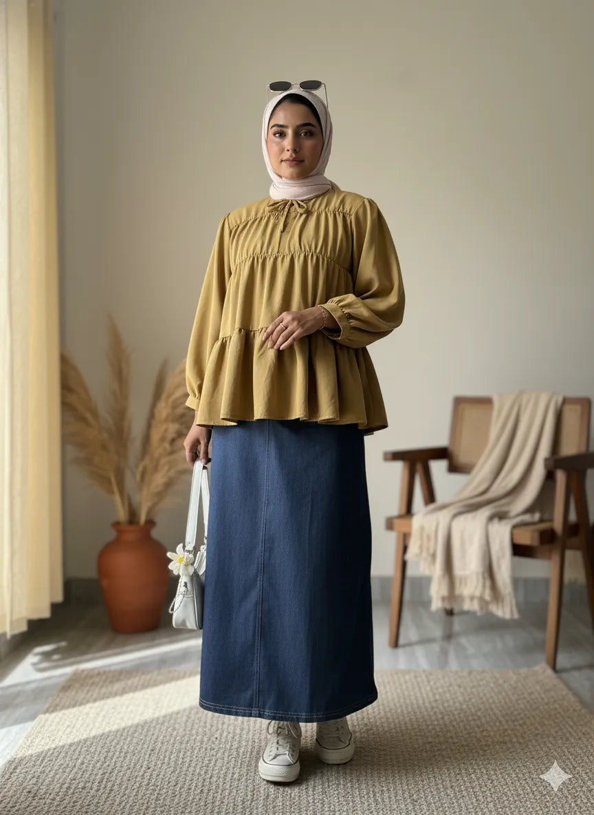 YEZWE Co-Ord Set featuring a Peplum Top with Denim Skirt for a stylish look