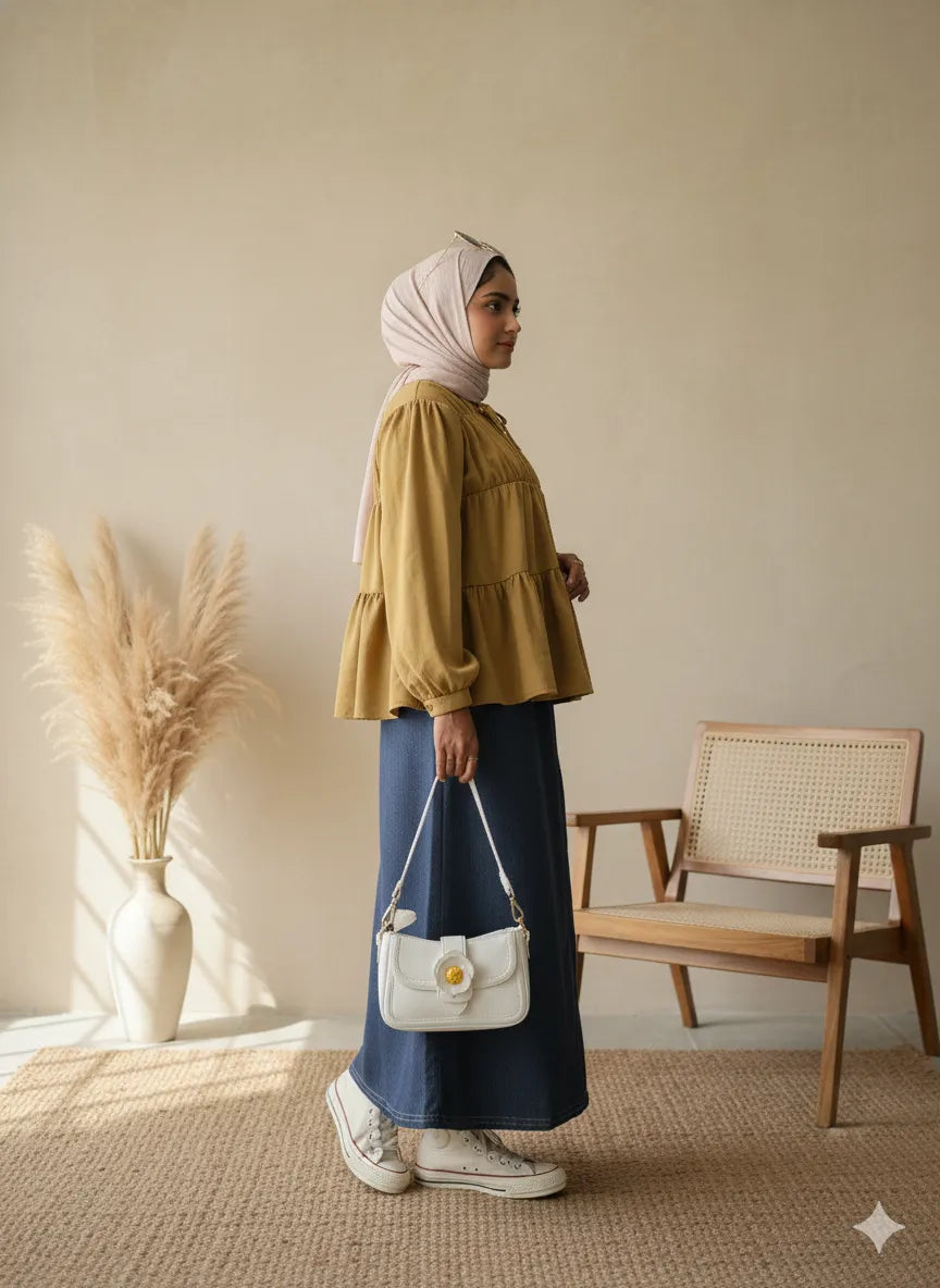YEZWE Co-Ord Set featuring a Peplum Top with Denim Skirt, styled with sneakers and a white handbag