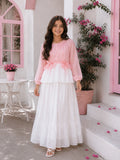Pink & White Skirt and Top Set for Junior Girls | Full Sleeve Outfit featuring a ruffled design and elegant style