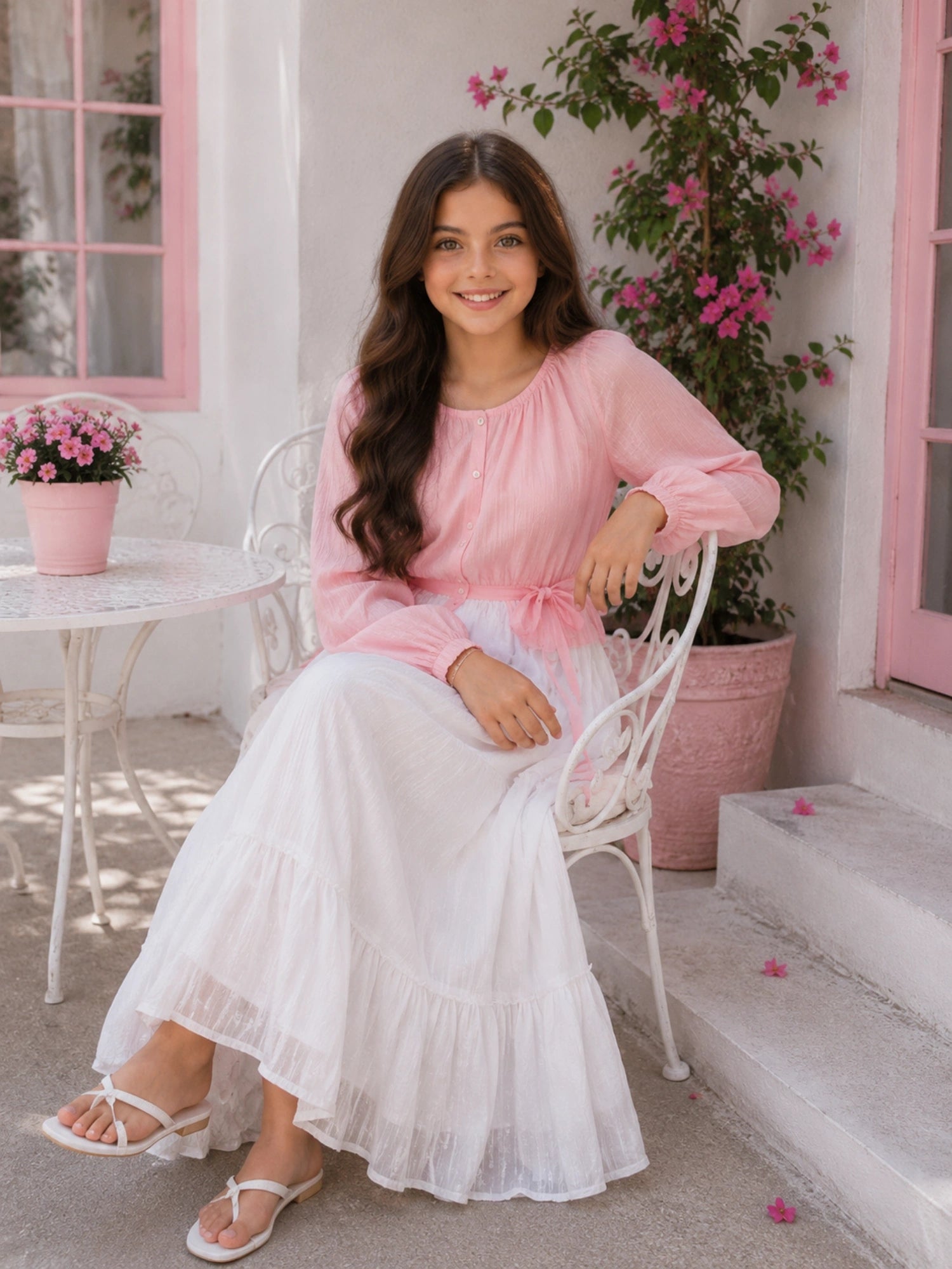 Pink & White Skirt and Top Set for Junior Girls | Full Sleeve Outfit with Long Skirt and Blouse
