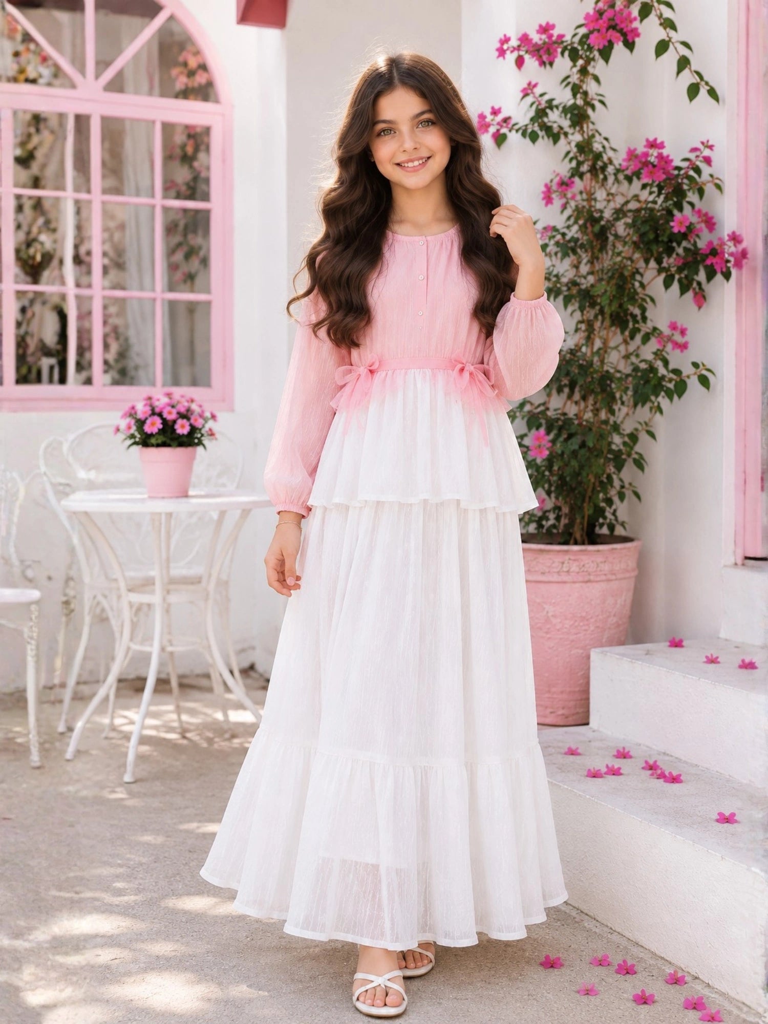 Pink & White Skirt and Top Set for Junior Girls | Full Sleeve Outfit with ruffle details and a flowing design