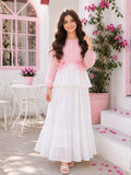 Pink & White Skirt and Top Set for Junior Girls | Full Sleeve Outfit with ruffle details and a flowing design