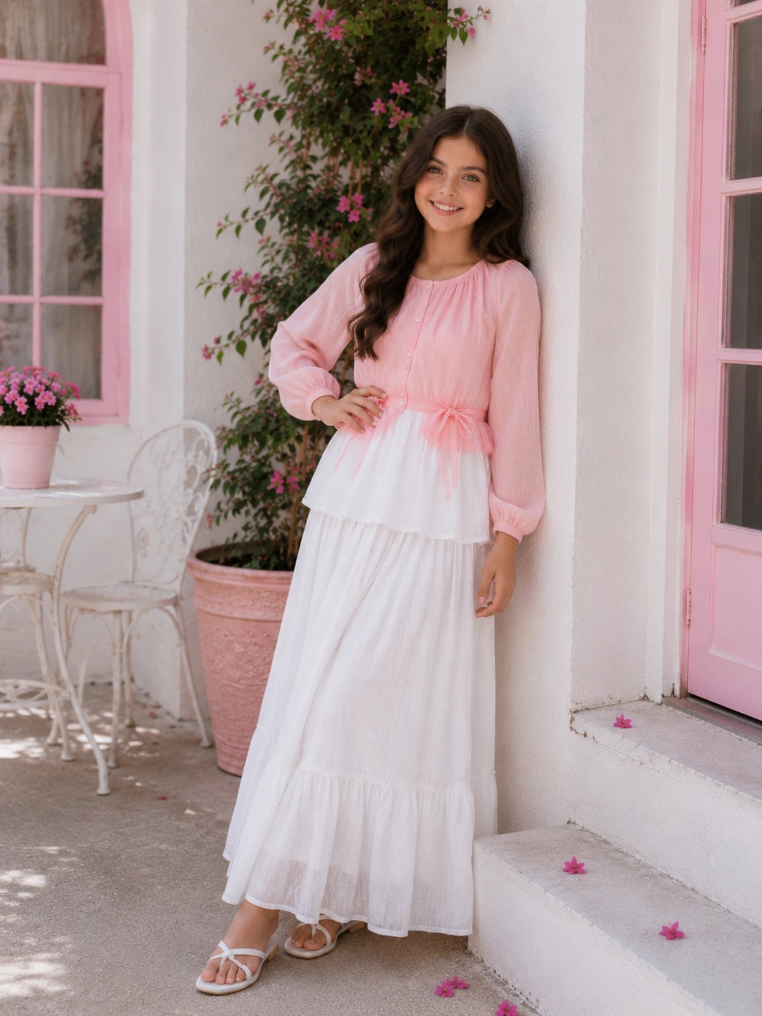 Pink & White Skirt and Top Set for Junior Girls | Full Sleeve Outfit with a Beautiful Design
